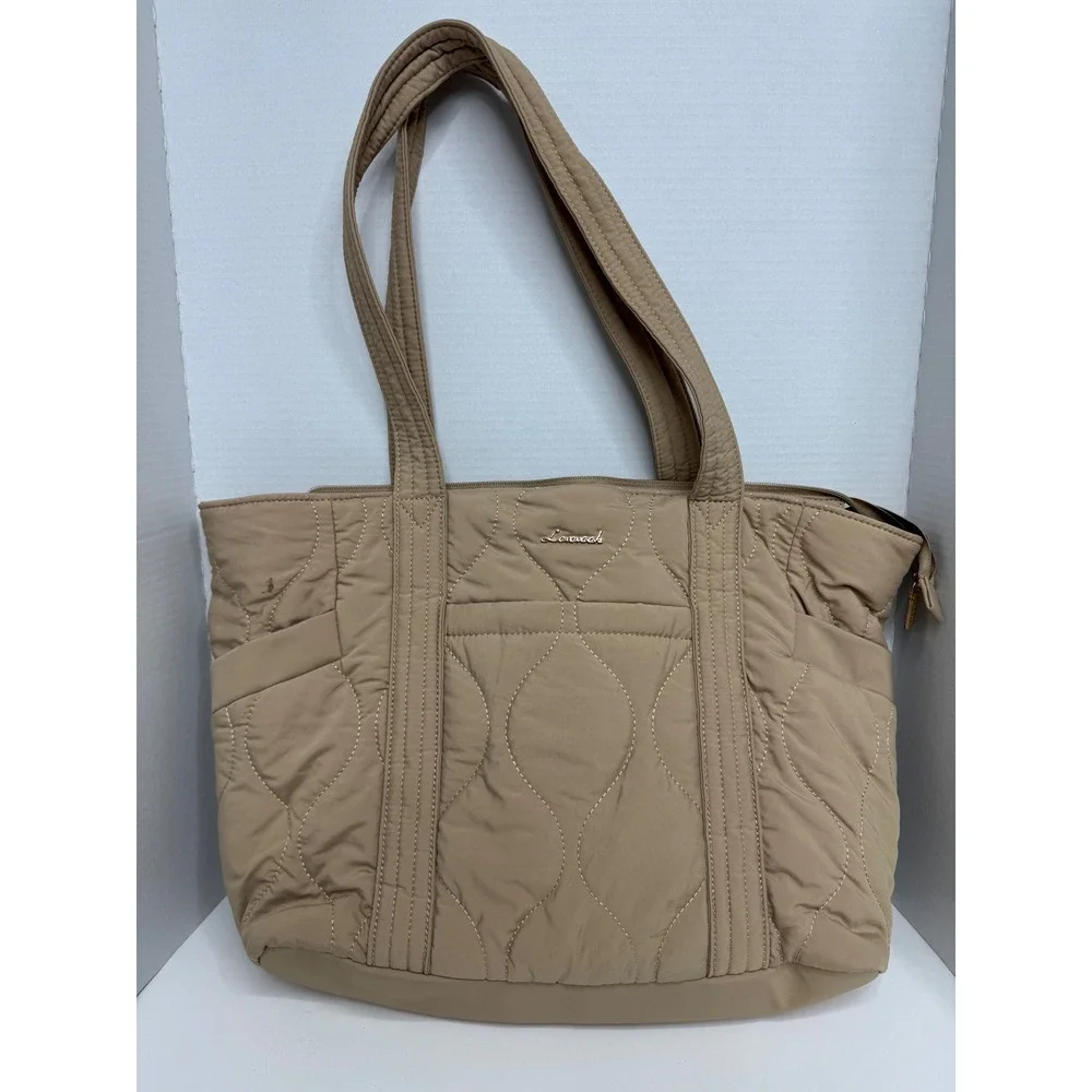 Lovevook Tan Quilted Nylon Tote Bag Padded Laptop Shoulder Bag Beige Large